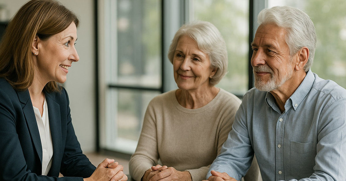 A financial advisor speaks with an older couple in a modern office as they listen with calm, reassured expressions.