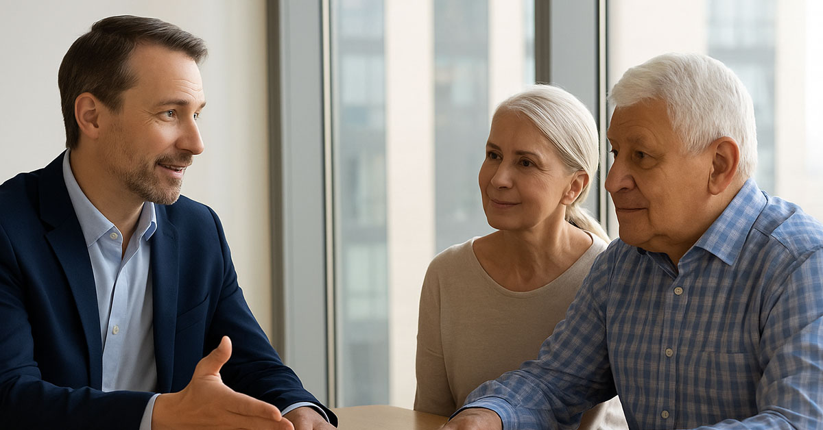 A financial advisor speaks with a retired couple at a wooden table in a bright office, explaining a document as they listen attentively.