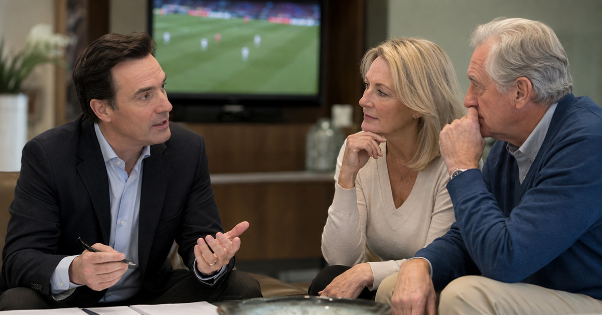 A Family Office Director discusses financial planning with a couple nearing retirement while a soccer match plays in the background.