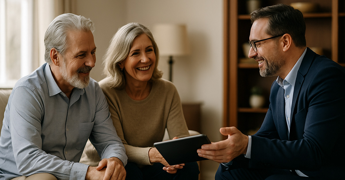 Older couple sitting on a sofa with a midlife financial advisor in a modern living room, calmly reviewing documents together on a tablet and glass coffee table.