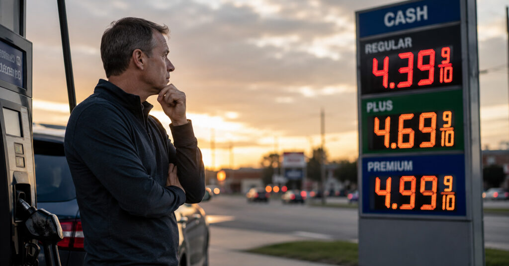 A man stands beside a gas pump at sunset while looking toward a gas price sign.