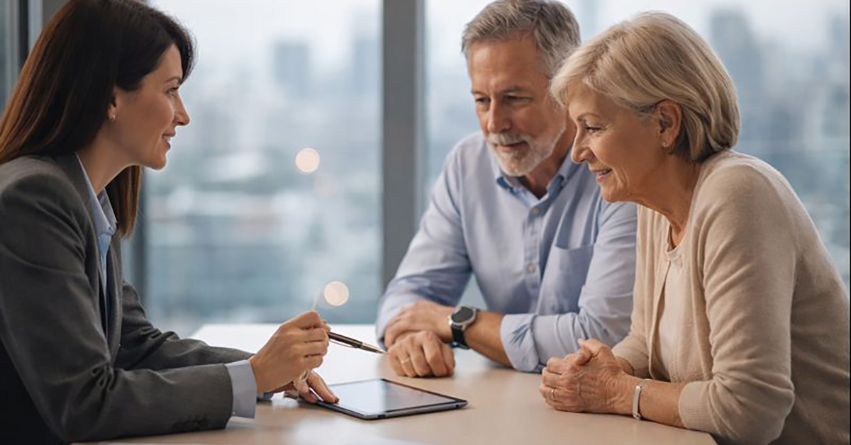 Financial advisor sitting at a table with an older couple in a modern office, discussing information on a tablet together.
