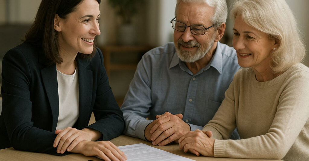 A professional female advisor sits across from a smiling senior couple in a bright office, discussing documents together at a table.