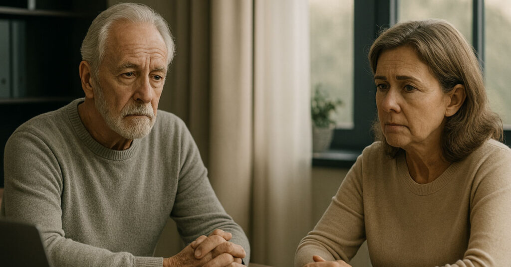 An older couple sits at a table in a softly lit office, both appearing serious and contemplative, with a laptop open nearby.