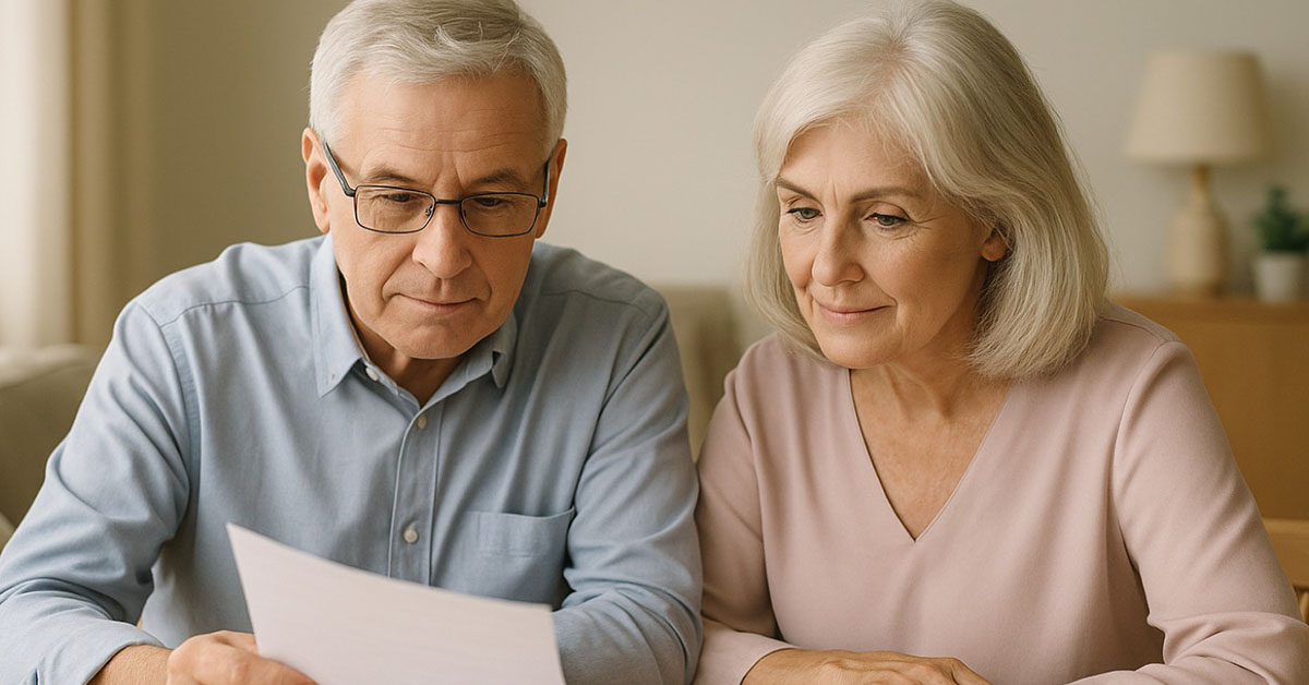 An older couple reviews documents together in a bright living room, appearing calm and reassured.