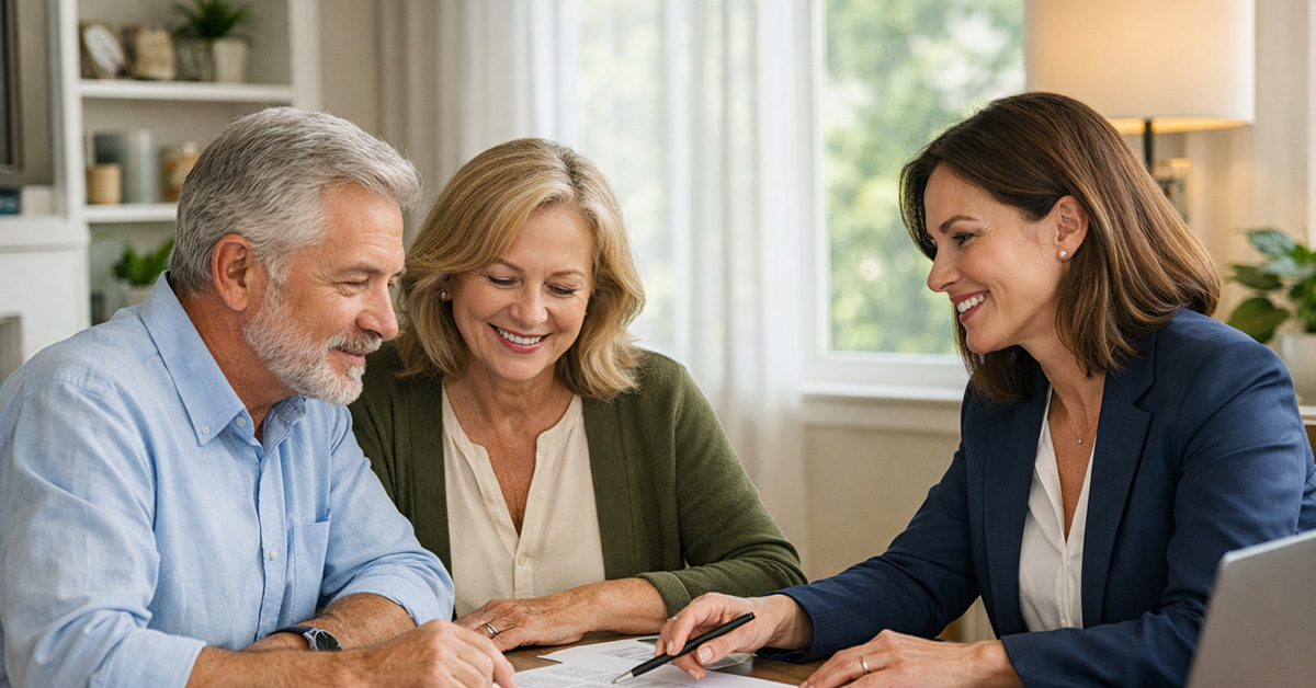 A mature couple sits across from a female financial advisor at a round table in a bright home office, reviewing documents together.