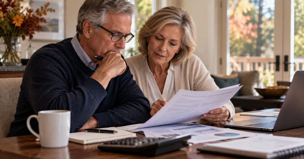 Older couple reviewing financial documents together while making investment and retirement planning decisions.