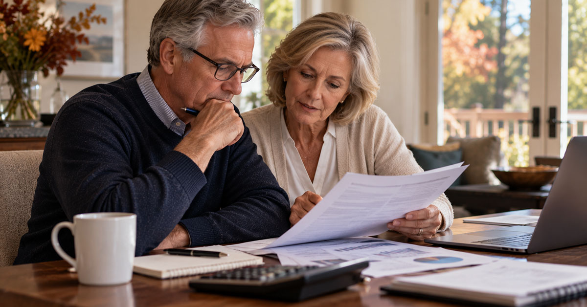 Older couple reviewing financial documents together while making investment and retirement planning decisions.