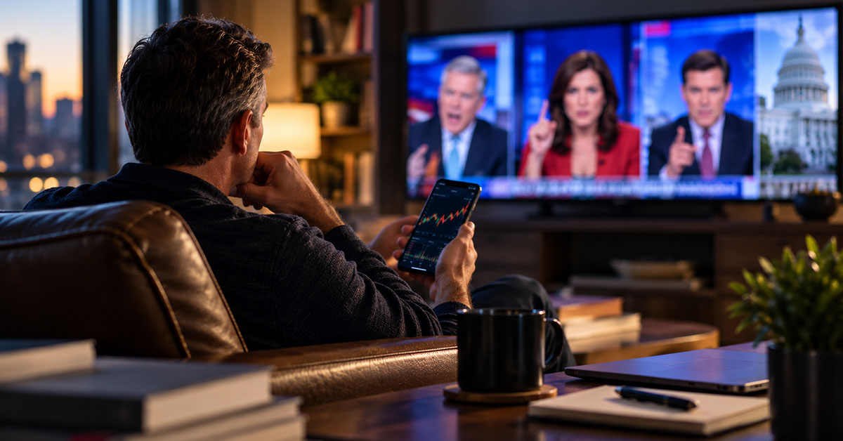 Investor checks market movements on his phone while watching political news coverage at home.