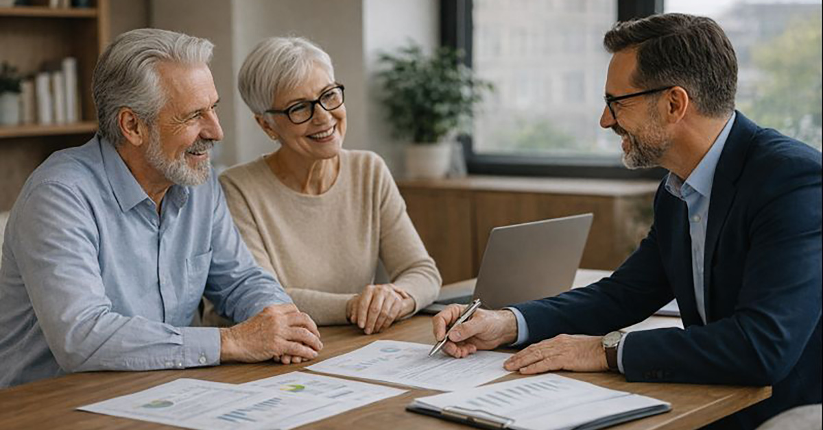 Older couple meeting with a financial advisor from Financial Gravity at a wooden table, reviewing printed documents in a bright modern office.