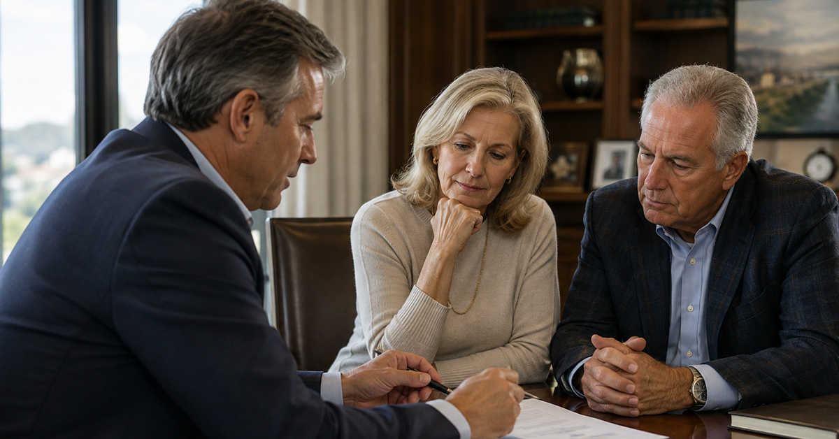 Family Office Director reviewing a financial plan with an affluent couple approaching retirement.