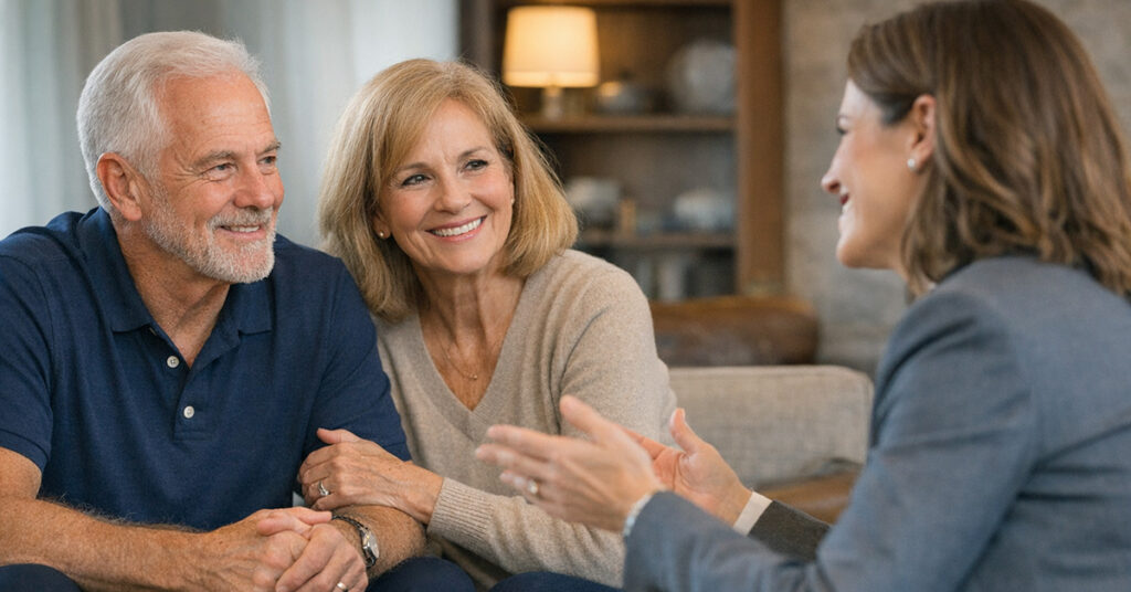 A financial advisor meeting with a retired couple in a modern office, discussing their financial plan in a calm and attentive setting.