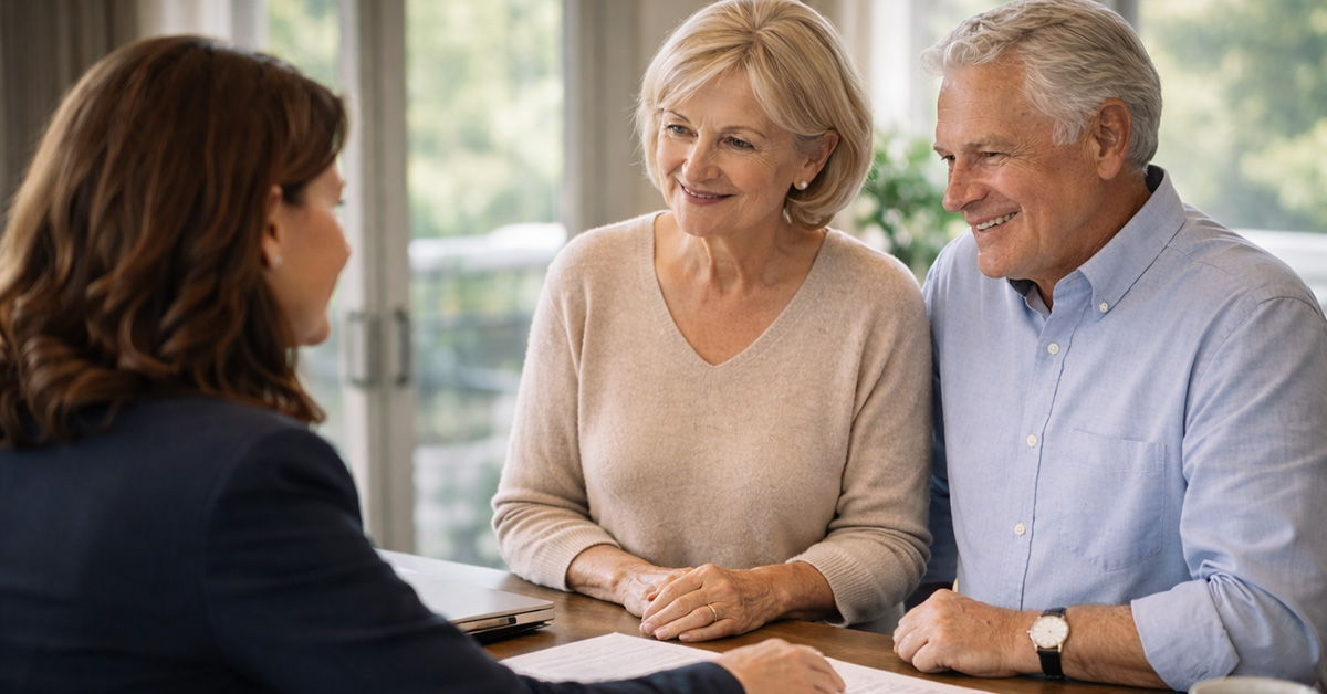 Over-the-shoulder view of a female financial advisor reviewing documents with a smiling retired couple at a wooden table in a bright office.