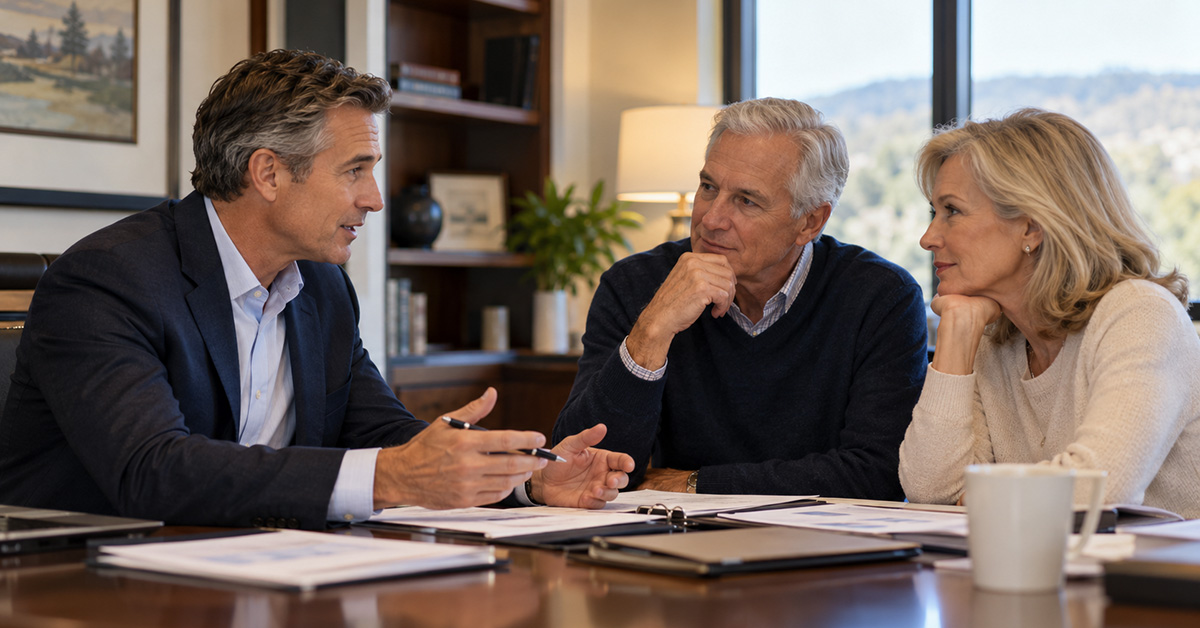 A Family Office Director discusses financial planning documents with an older couple seated across from him at an office conference table
