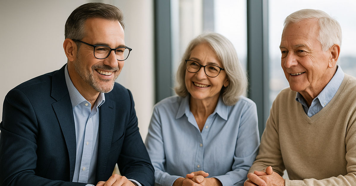 A financial advisor meeting with a retired couple in a modern office, reviewing investment plans together.