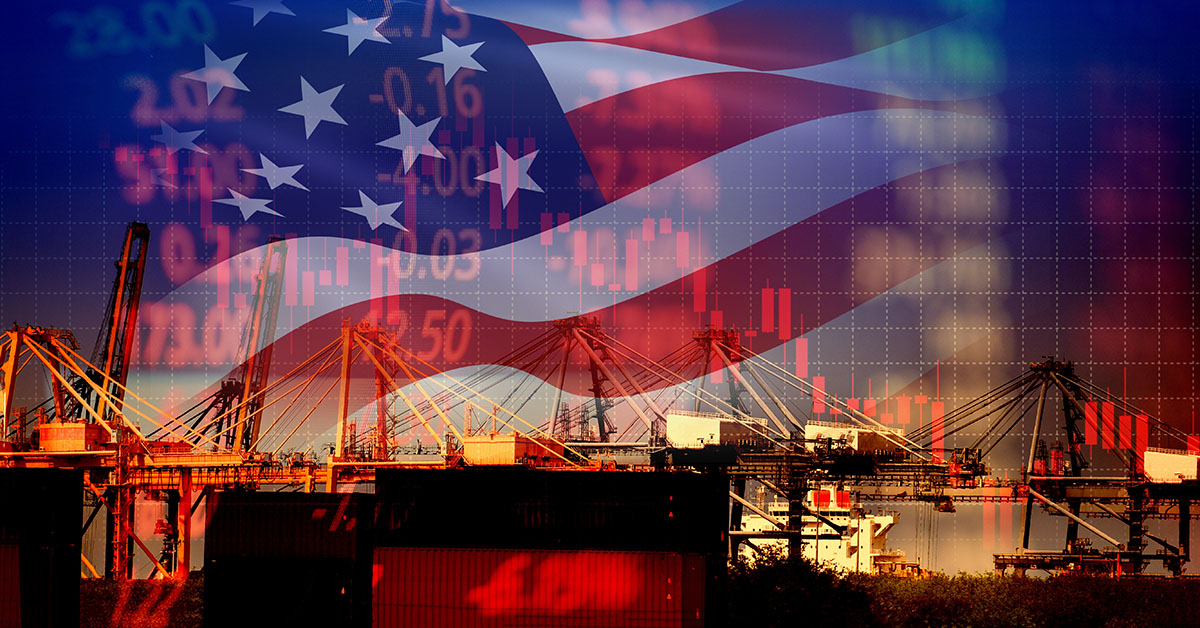 American flag overlaying a shipping port and stock market chart, symbolizing the intersection of U.S. trade policies, tariffs, and economic impacts.