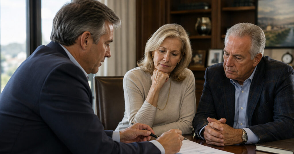 Family Office Director reviewing a financial plan with an affluent couple approaching retirement.