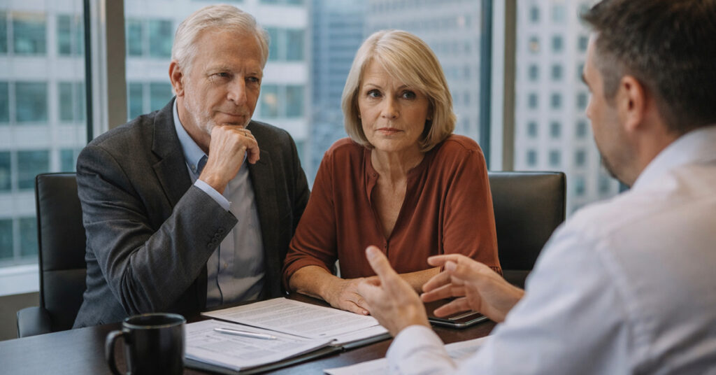 A couple sits at a table in a modern office, listening as a financial advisor gestures while explaining a strategy.
