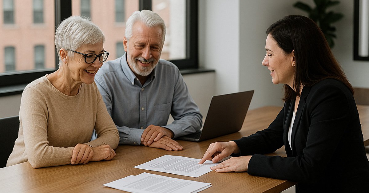 Older couple sitting at a conference table with a midlife female financial advisor who is pointing to documents in a bright, modern office.