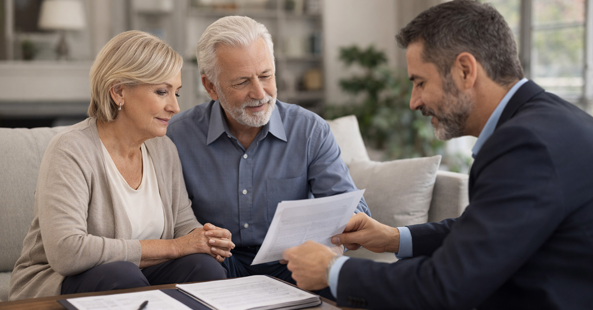 A senior couple sits side by side in a modern living room while a male financial advisor reviews documents with them at a coffee table.
