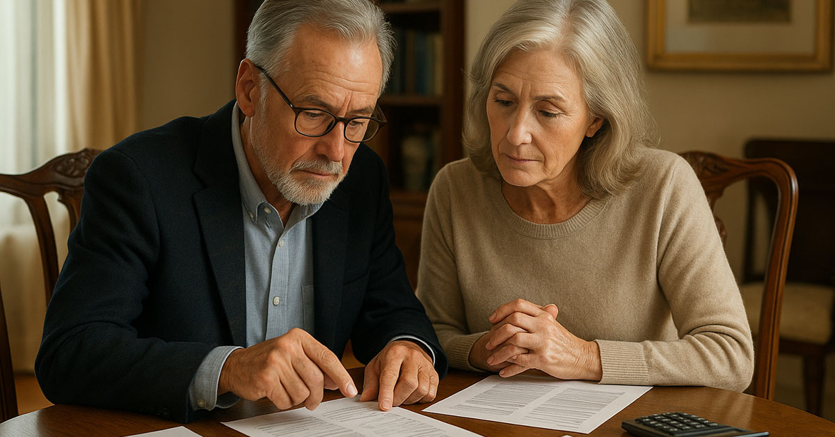 An older couple sits at a dining table reviewing financial documents together, appearing focused and thoughtful in a warmly lit room.