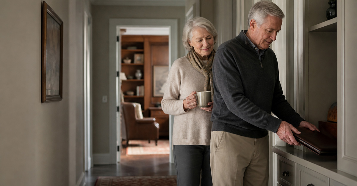An older couple stands in a quiet home hallway as the man places a closed folder into a cabinet.