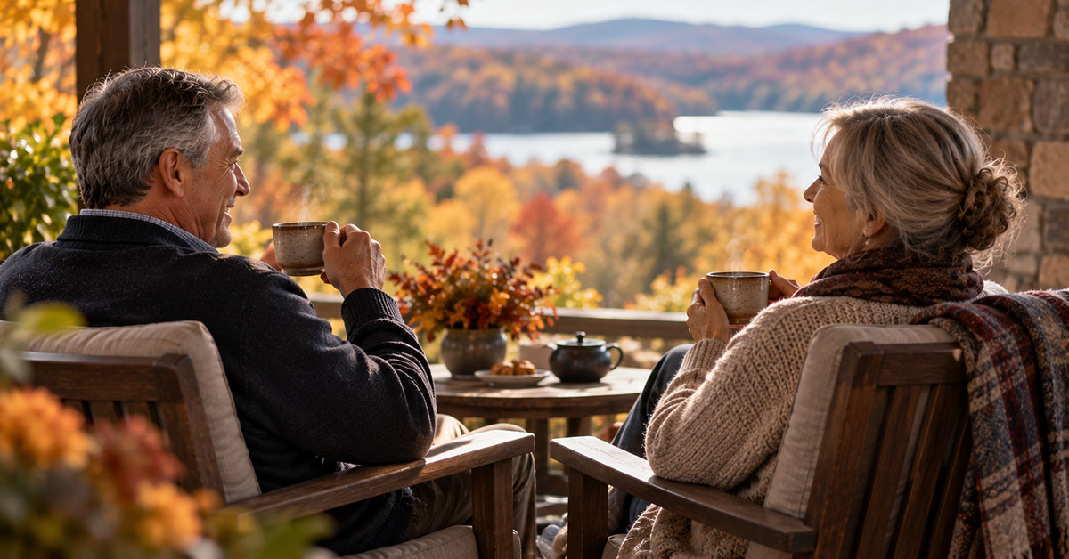 Older couple enjoying tea together on a porch surrounded by colorful autumn foliage.