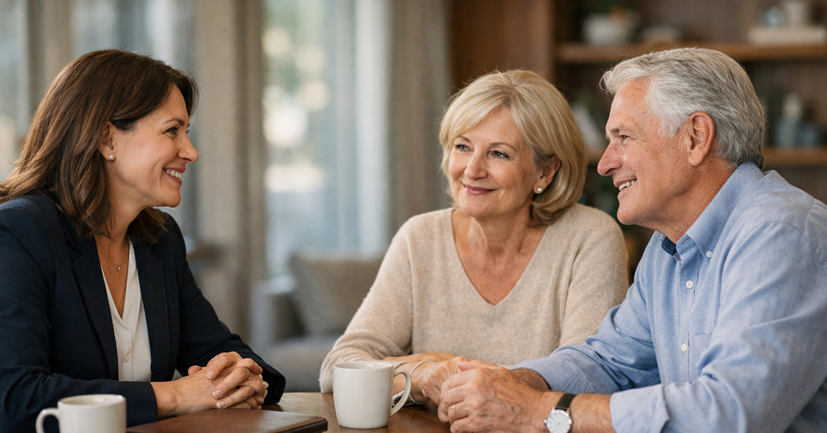 A financial advisor meeting with a retired couple at a round table in a softly lit modern office, all engaged in calm conversation.