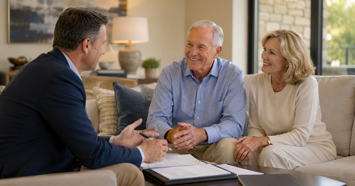 A financial advisor sits with an older couple in a comfortable living room office, discussing documents on a coffee table.