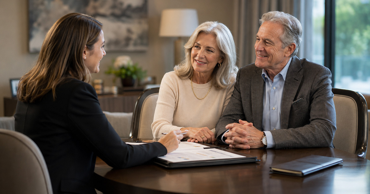 An older couple sits across from a professional advisor in a modern office, listening attentively during a calm financial planning conversation.