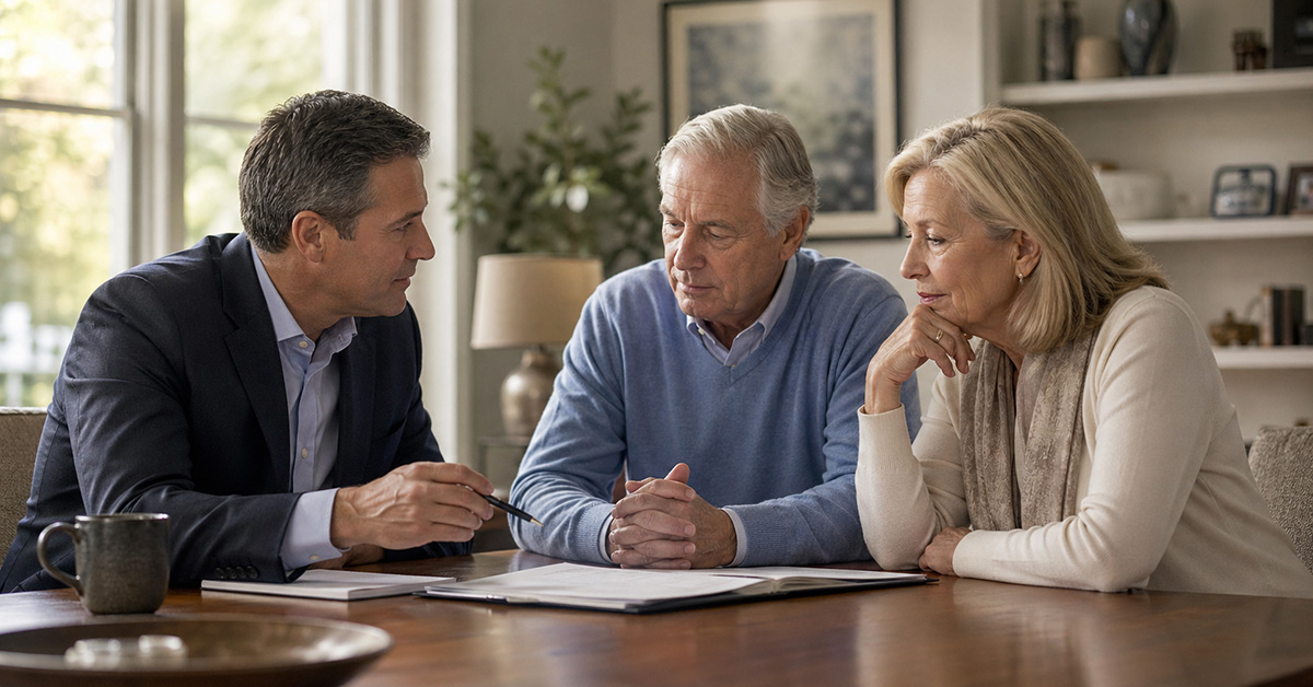 A financial advisor meets with an older couple at a wooden table in a softly lit living room.