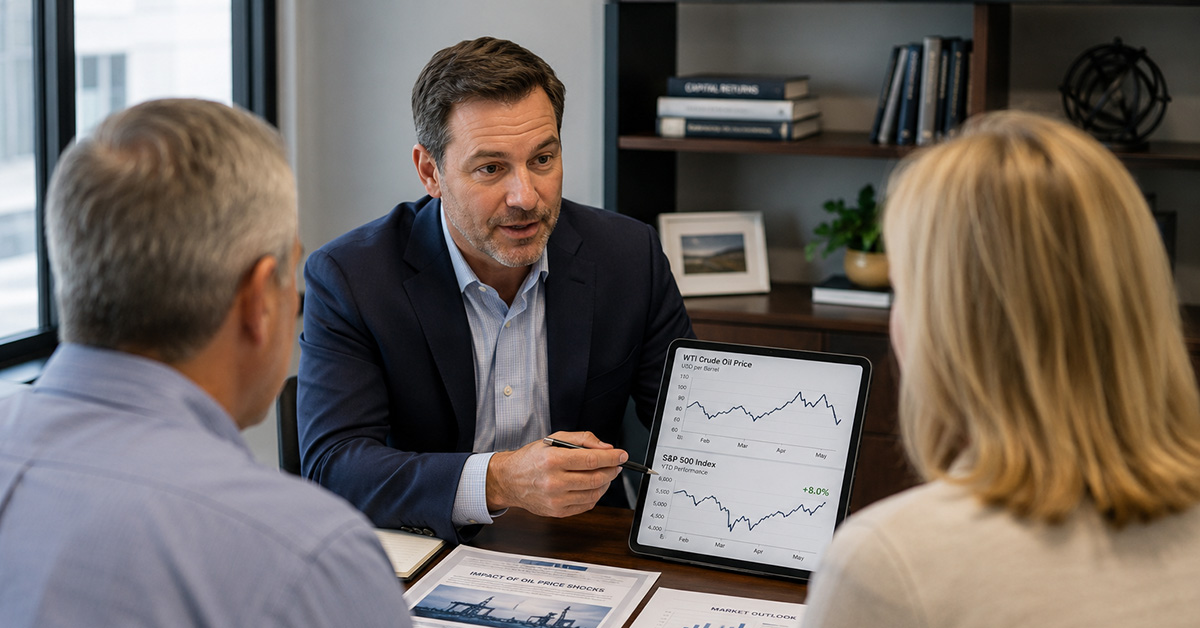 An older couple sits in a comfortable office while a professionally dressed financial professional speaks with them in soft natural light.