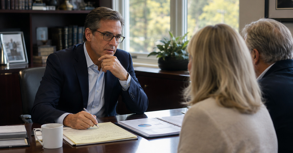 Family Office Director meeting with a couple nearing retirement to review their investment and retirement strategy.