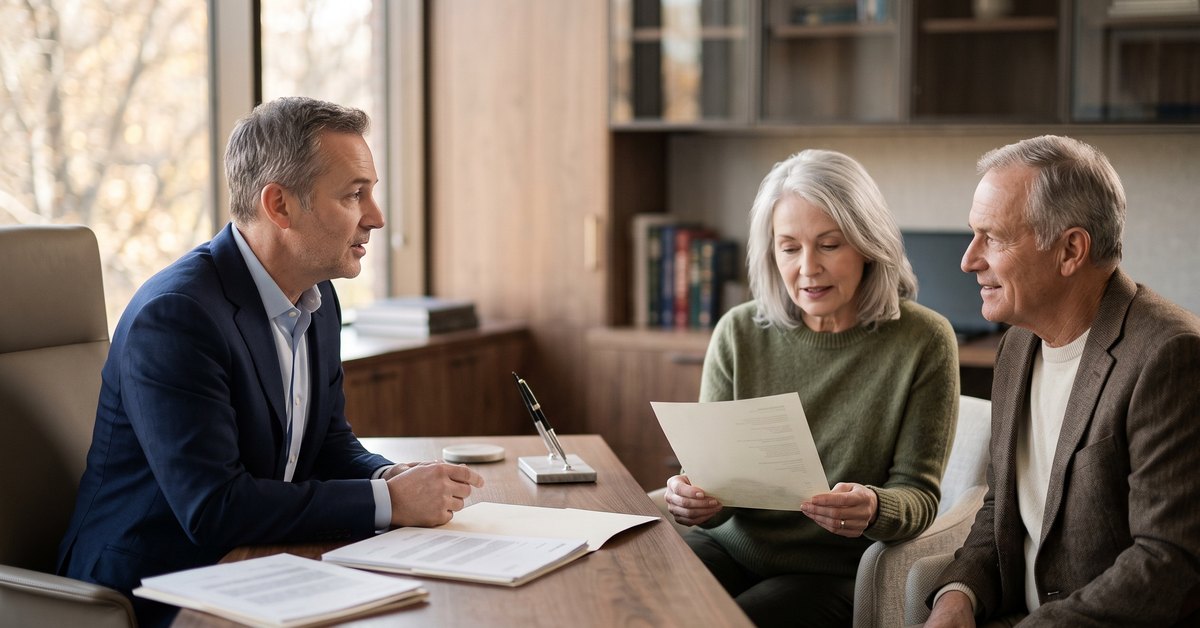 A Family Office Director talks with a couple across his desk in a private office as the woman reads a page and the man beside her listens.