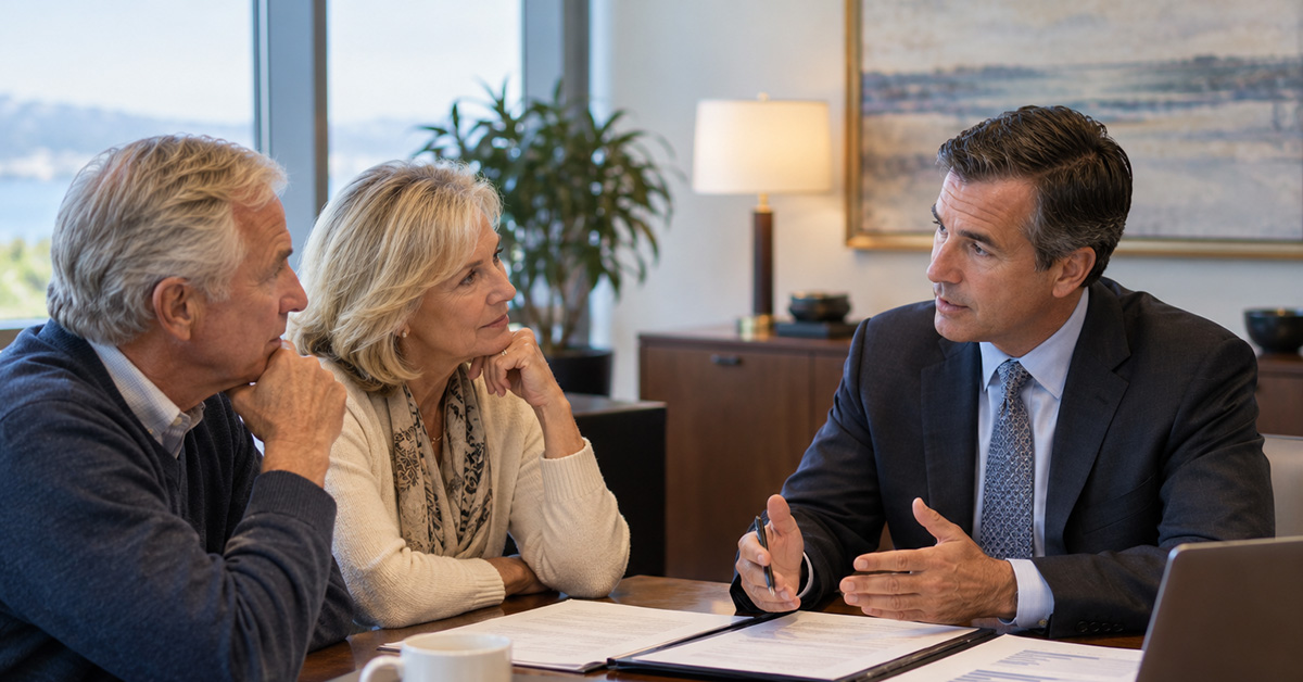 Family Office Director reviewing portfolio documents with a couple nearing retirement during a financial planning meeting.